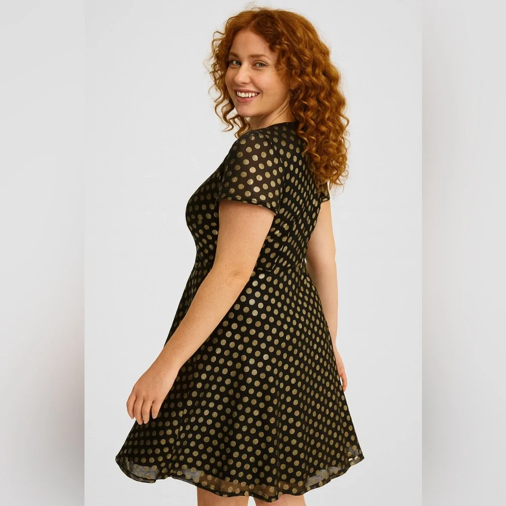 Torrid Black Polkadot Gold Flutter Sleeve Mini Dress, Large, NWT! - Picture 8 of 16